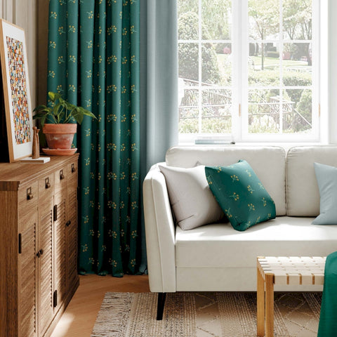 Green curtain yellow floral pattern modern living room