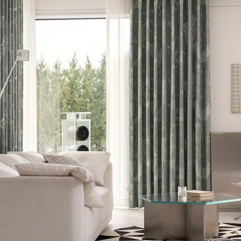 Blue curtain with golden wood pattern for living room