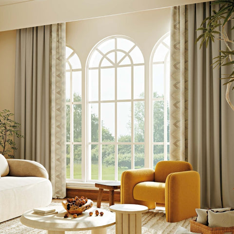 Textured beige curtain with elegant chevron pattern