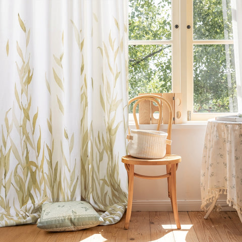 White Sheer Curtain Printed Green Leaves Living Room