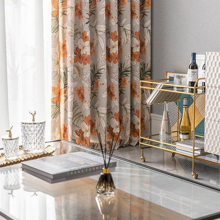 Rideau Gris Motifs Fleurs Orange