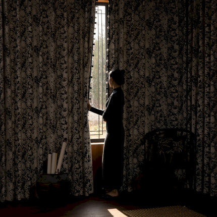 a woman standing in front of a window looking out