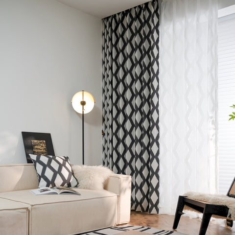 Bohemian curtain with black diamond pattern fringes