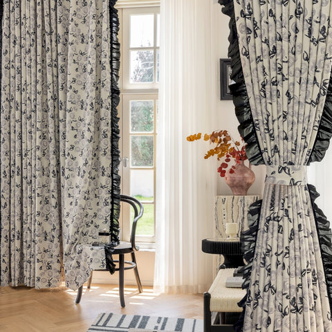 Romantic flowers blackout curtain with ruffles
