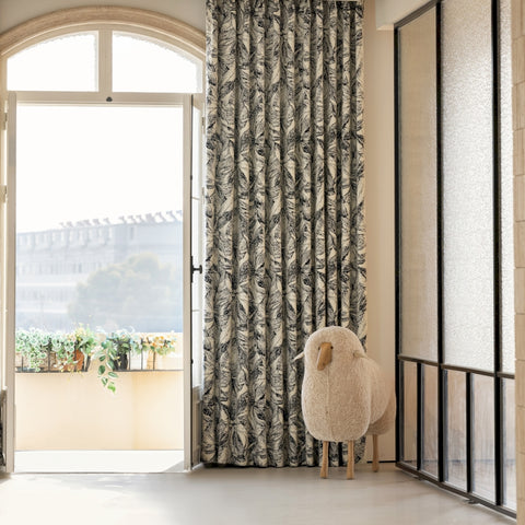 Wool curtain with black and white floral pattern