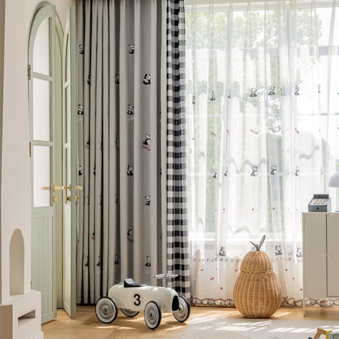 Children's curtain panda embroidered gray chessboard pattern
