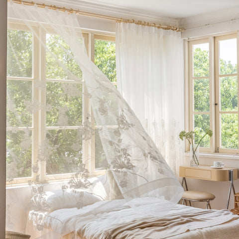 White veil embroidered beige flowers romantic style for bedroom