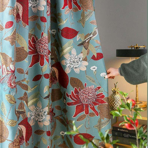 Jacquard curtain red flowers and birds classic style