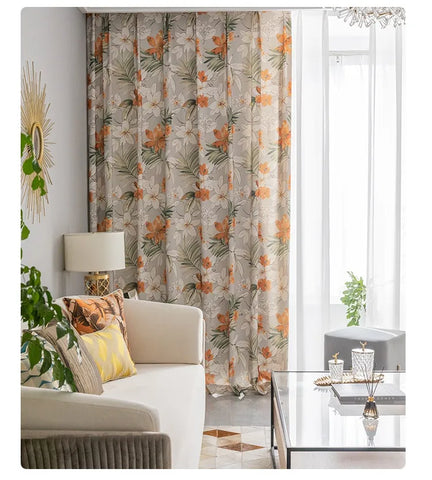 Gray Curtain Orange Flower Patterns