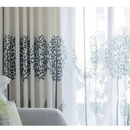 Rideau Blanc Motifs Bleu Fleur