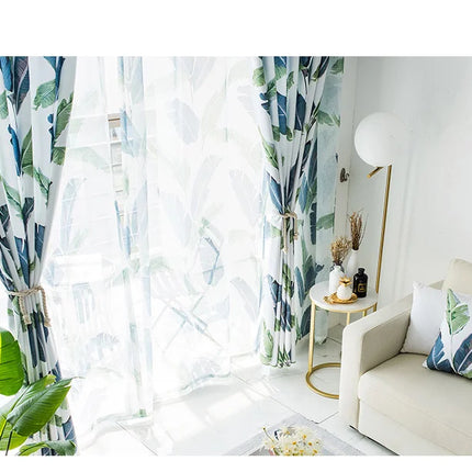 Rideau Leger Blanc Motifs Bleu Vert