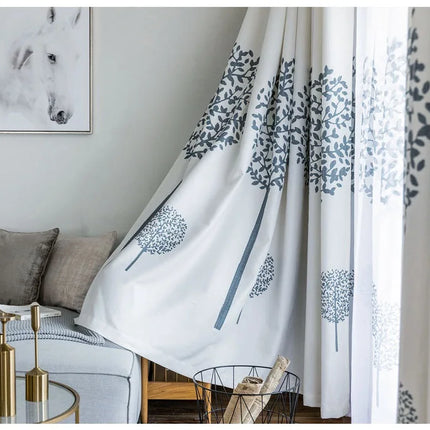 Rideau Blanc Motifs Bleu Fleur