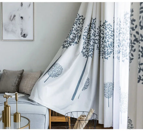 White Curtain Blue Flower Patterns
