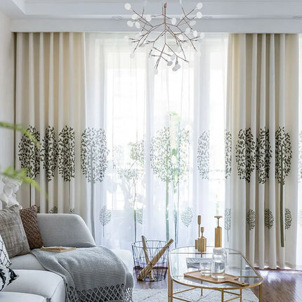 Rideau Blanc Motifs Bleu Fleur