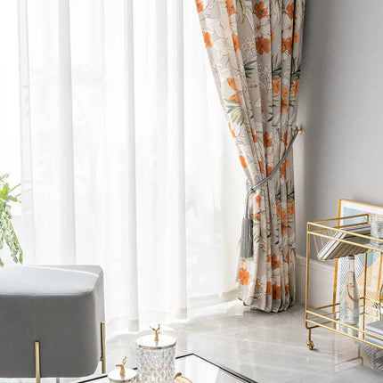 Rideau Gris Motifs Fleurs Orange