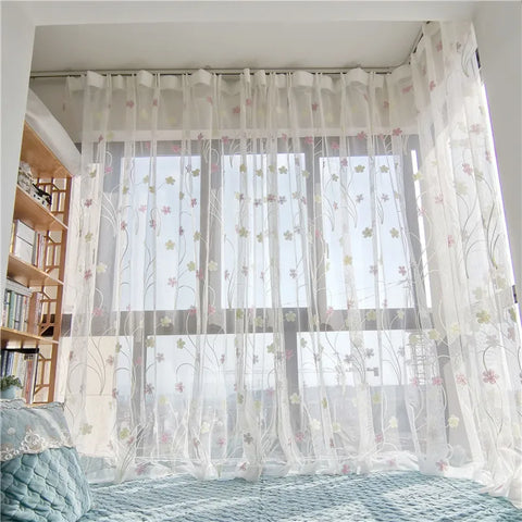 White Bedroom Curtain Flowers