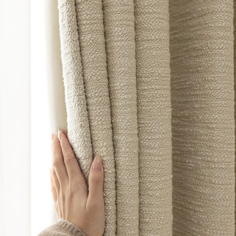 Insulating curtain in beige terrycloth thick thermal fabric