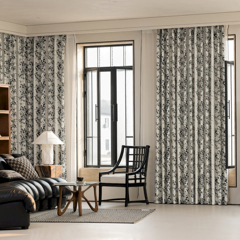Black and white floral blackout living room curtain
