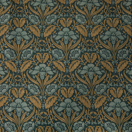 a close up of a blue and gold wallpaper