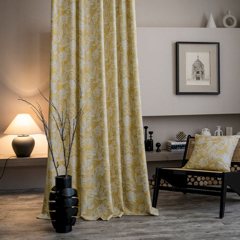 Yellow tropical curtain with chenille foliage pattern