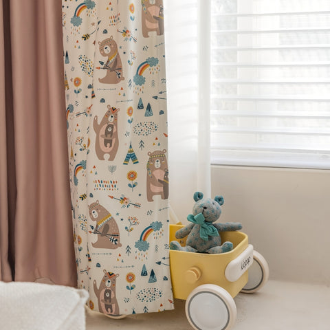 Pink children's curtains with blackout bear patterns