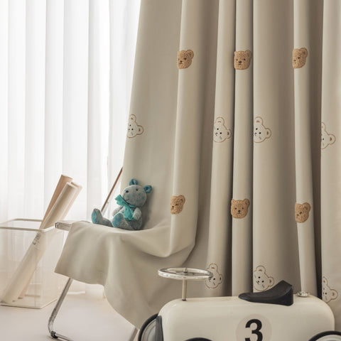 Children's beige teddy bear curtain for bedroom