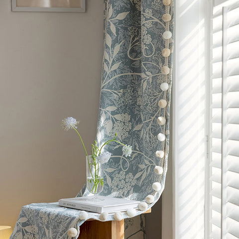 Blue chenille curtain jacquard vintage flowers