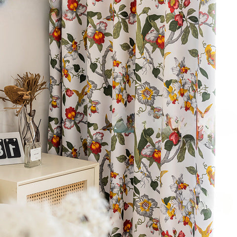 White curtain with colorful patterns