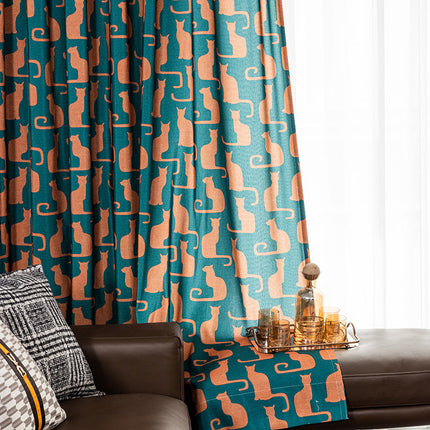 Rideau Bleu Motifs Chat Orange