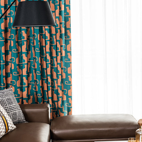 Blue Curtain Orange Cat Patterns