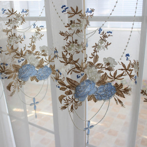 White Sheer Curtain Blue Pattern